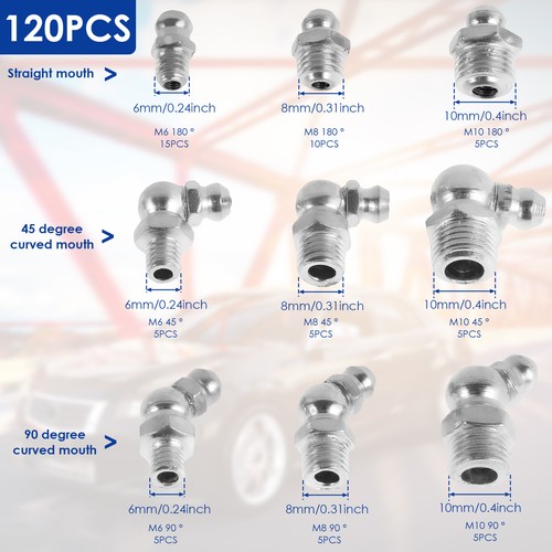 60/120Pcs Metric Grease Fitting Kit 9 Type Galvanized Metal Hydraulic guFKS - Picture 8 of 17