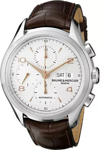 Baume & Mercier Clifton Chronograph Leather Silver Dial 43mm MOA10129 Mens Watch