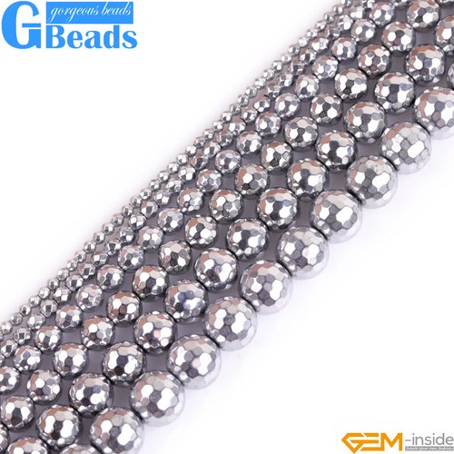 Sliver Metallic Coated Reflections Hematite Faceted Round Beads Free Shipping - Picture 1 of 44