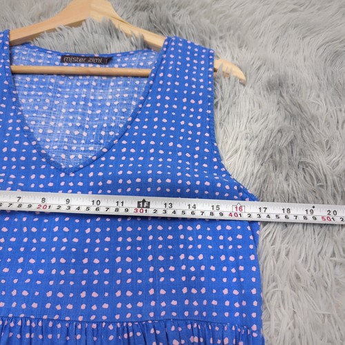 Mister Zimi Linen Blend Tiered Midi Dress Womens 10 Blue Pink Polka Dot Summer - Picture 13 of 16
