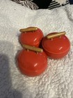 3 Red Ceramic Bowls With Lids With Brown Handles 2in Tall By Gantz