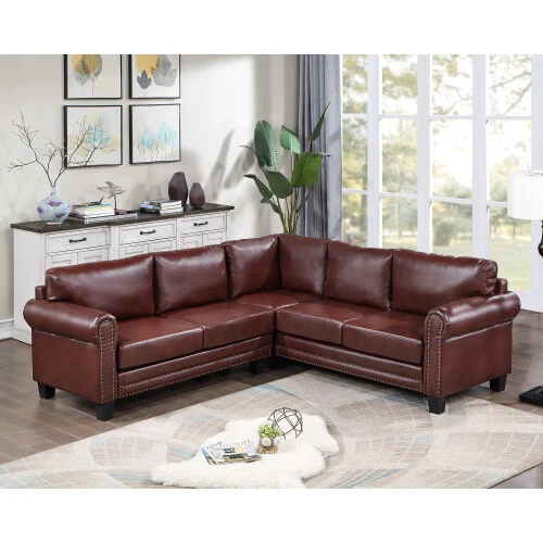 Mid Century Sectional Corner Sofa L shape Couch with Scroll Arms Rivet Ornament