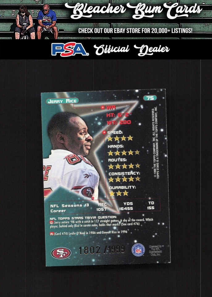 1998 Topps Stars 75 Jerry Rice Gold /1999 - Image 2 of 2
