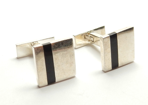 Quadratische Manschettenknöpfe mit Onyx Streifen Inlay 925 Sterling Silber 14,3 g - Bild 1 von 9