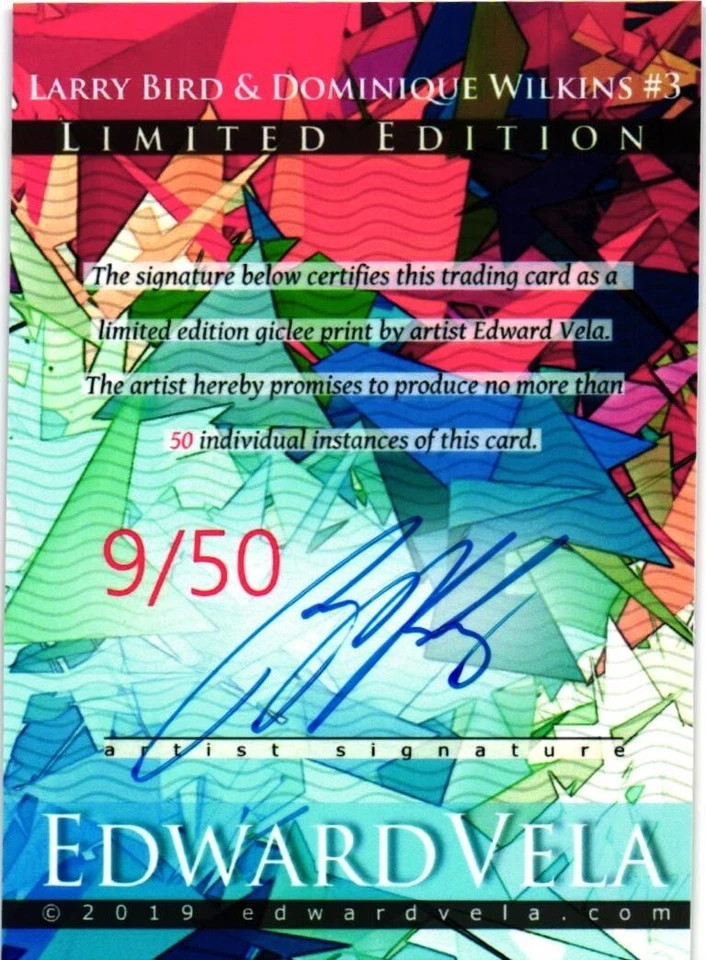 Tarjeta impresa de edición limitada firmada por artista Larry Bird Dominique Wilkins 9 de 50 Foto 2 de 4