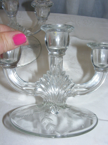 Vintage EAPG Glass Pair of 3 Hole Candelabra Etched Laurel Leaf 21-c - Picture 8 of 10
