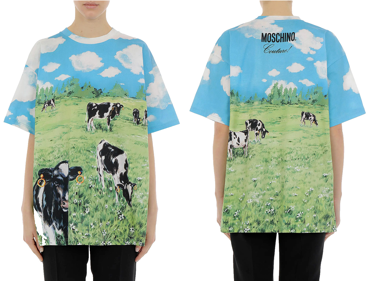 Moschino Couture Oversize T-Shirt Farm Countryside Cow Print Graphic Tee BNWT L
