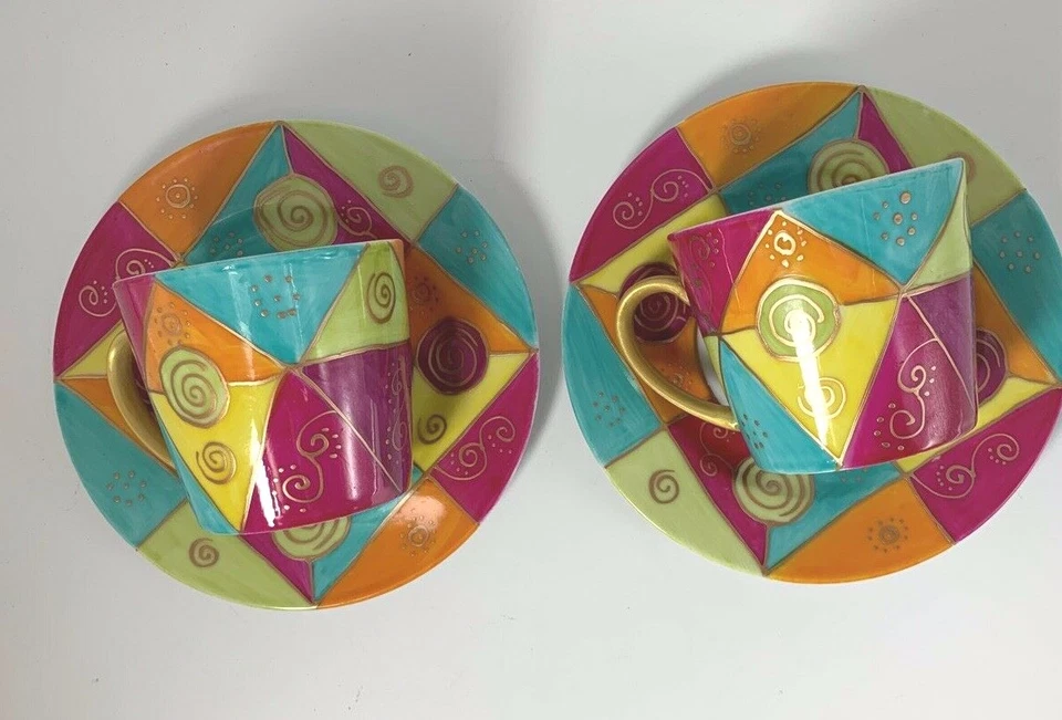 PETTI AILE Juego de dos tazas y platillos pintados a mano multicolor con líneas doradas Foto 4 de 4