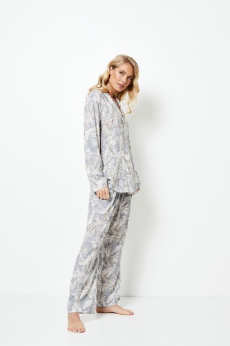 Ladies Aruelle Quality Pyjamas - Adoria Long Sleeve Leaf Print Button Front PJ's - Picture 7 of 8
