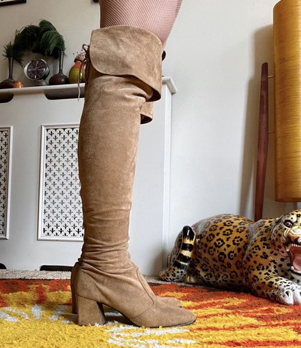 60s Vintage Tan Suede Thigh High Pirate Lace Back GoGo Boots Mod Psych Hippie - Picture 5 of 7