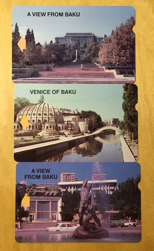 Azerbaijan: 3 used magnetic phonecards (both sides' views), Architecture, Lot#1