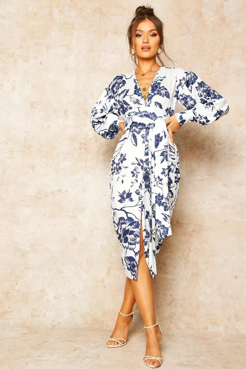 Floral Print Plunge Tie Waist Midi Dress Blue Size 10 | eBay