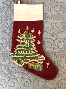 Pottery Barn Crewel Embroidered Christmas Stocking Tree Red Ivory