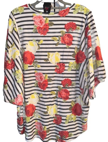 NUEVO CON ETIQUETAS Camisa Lularoe Grande Blanca Gris Rayas Floral Renee Mangas Globo - Imagen 3 de 8