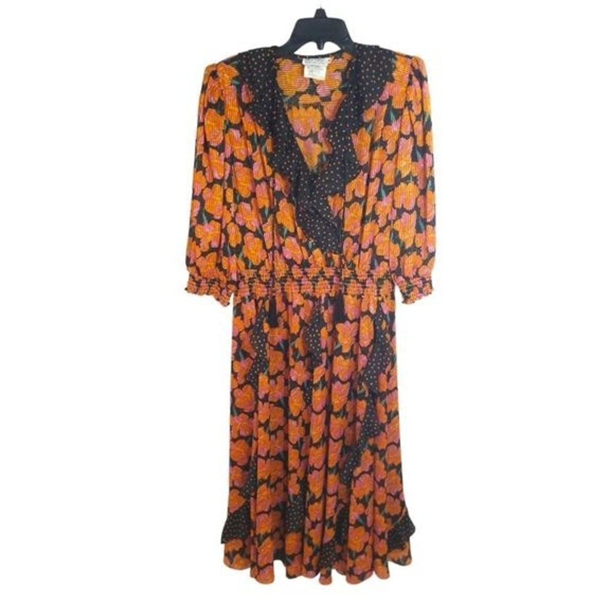 Montage By Mosaic Vintage Orange Black Floral Polka Dot Ruffled Dress eBay