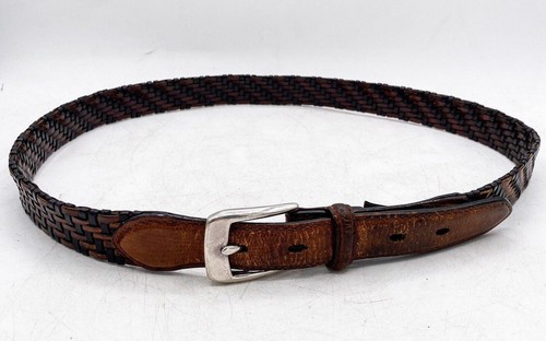 Brighton Leather Belt Woven Black Brown Trim Mens Size 38 Silver Buckle P4100
