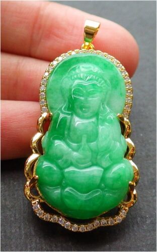 Gold Plate Green Jade Imitation Diamond Guanyin Kwan-yin Buddha Pendant Necklace - Picture 3 of 7
