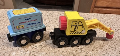 NOB Tiny Conductors 12 Wooden Train Cars, 1 Bonus Crane, 4 Adapter PCs,Real Wood - Picture 6 of 20