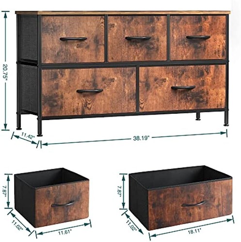 Brown 5 Drawers Dresser for Bedroom Wood Top Organizer Fabric Storage Drawers - Picture 3 of 7