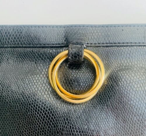 BORSA A MANO A FRIZIONE RODO NERA STAMPA LIZARD IN PELLE, 3 ANELLI ROTOLANTI ORO DETTAGLIO - Foto 3 di 5