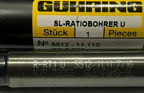 Guhring 5512 11.11mm (7/16) Through Coolant Ratio Solid Carbide Firex Drill Bit - Picture 2 of 3