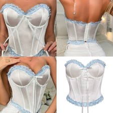 Back Tied Corset Blue Lace Trim Waist Girdle Victorian Decorative Waist Cincher