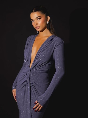 Mozision Glitter Deep V Neck Maxi Dress Sparkle Long Sleeve Ruched Party Dress - Picture 14 of 14
