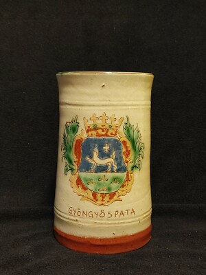Vintage Karcag Hungary Ceramic Pottery Mug Gyongyospata Coat Of Arms Rare