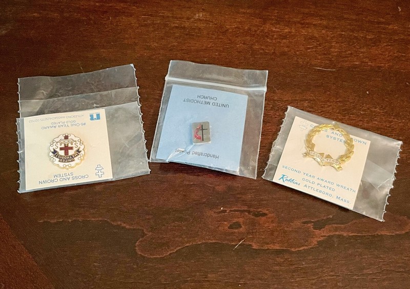 Vintage UNITED METHODIST Sunday School Pins Gold Plated & Pewter (Set of 3)