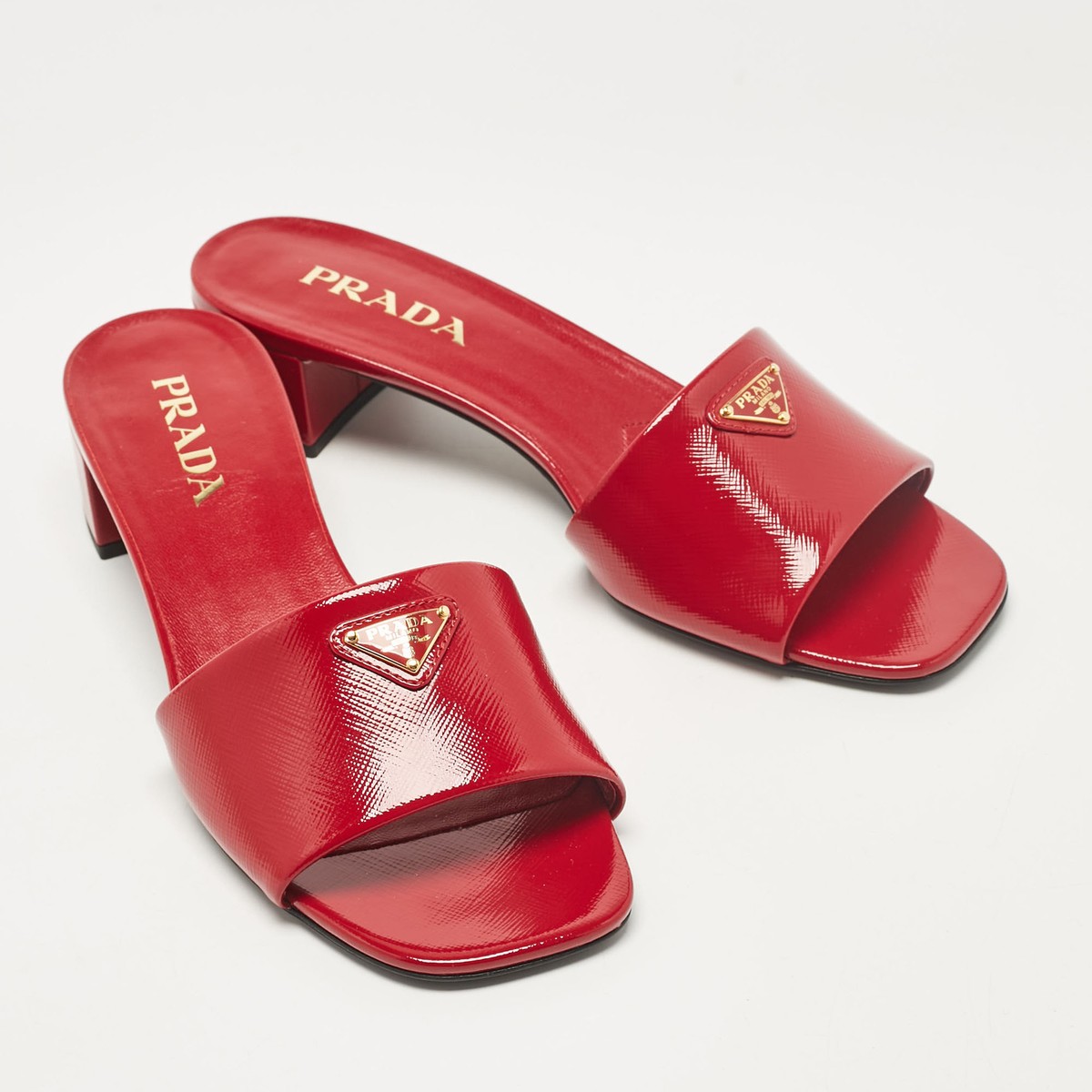 Prada Red Saffiano Patent Leather Block Heel Slide Sandals