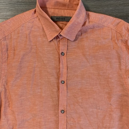 Reiss Linen Cotton Blend Shirt Button Up Mens Large Salmon Color Short Sleeve - Picture 4 of 9