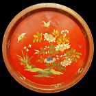 Vintage Round Tin Red & Gold Chinese Woods Decorative Serving Tray - 12"