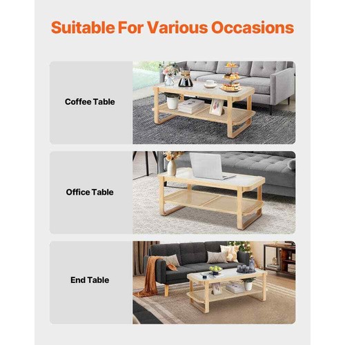 Rattan Coffee Table, Rectangle Rattan Woven Wood Coffee Table with Tempered Glas - Picture 6 of 8