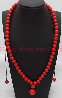 Natural 6/8/10mm Red Coral Round Gemstone Beads Pendant Adjustable Necklace 18in