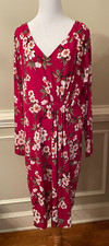 Marisota Brand Red/Burgundy Floral Midi Dress, Size 18, Gathered/Pleated Front