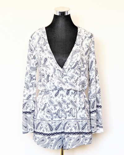 ZALORA White Blue Boho Wrap Vneck Long Flare Sleeve Romper Mini Playsuit Paisley - Picture 8 of 11
