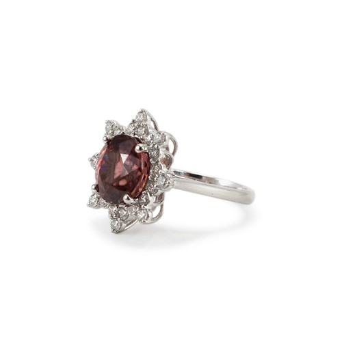 Ladies 18K White Gold Burgundy Spinel Halo Diamond Flower Cocktail Ring - Picture 4 of 7