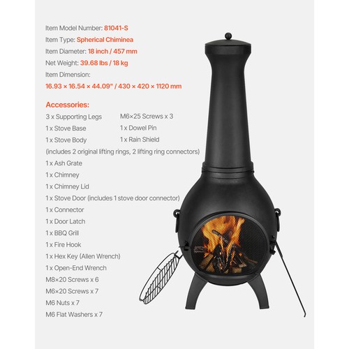 18 Inch Chiminea Outdoor Wood Burning Firepit with Grill Mesh&Chimney Coat - Picture 7 of 12
