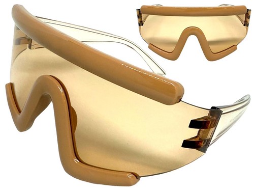 Oversize Exaggerated Modern Retro Shield Party Raver SUNGLASSES Large Beige Lens - Picture 2 of 6