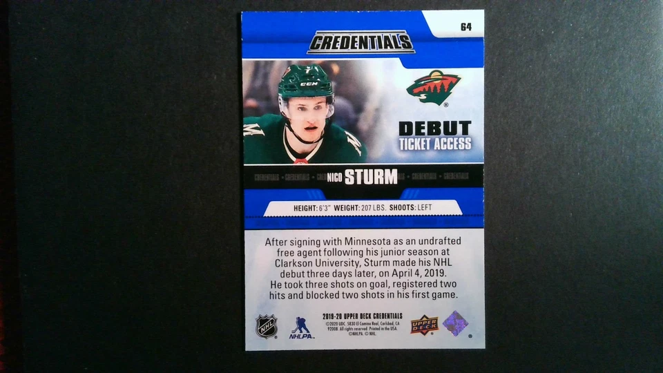 Nico Sturm 2019-20 Upper Deck Credentials Debut Ticket Access 64 #'d /999 - Image 2 of 2