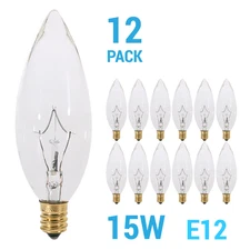 12 Pack Chandelier 15W Watt 120V B10 Straight Torpedo Tip Candelabra E12 Clear