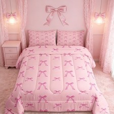 Feelyou Kids Pink Bow Comforter Set Full Size Girls Bedroom Bedding