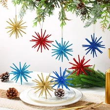 New Janinka 8 Pcs Christmas Glittered Starburst Ornaments 4.7 Inch Teal Red Gold