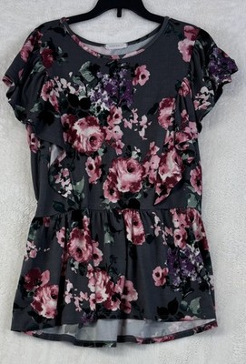 Reborn J Women's Large Floral Ruffle Peplum Top Gray Pink Short Sleeve Blouse