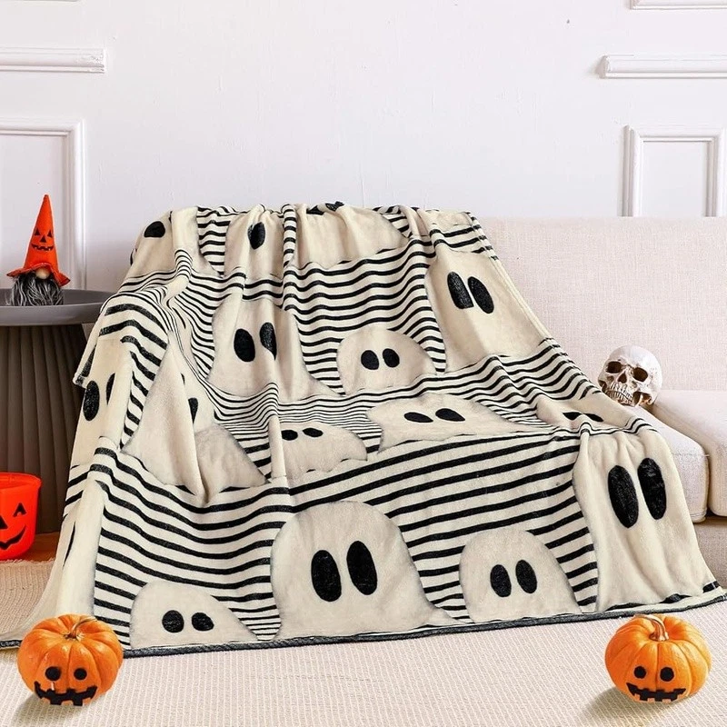 Soft Flannel Halloween Ghost & Striped Throw Blanket for Cozy Home Decor