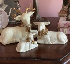Vintage Christmas White Porcelain 3 Pc Deer Family Gold Trim Decor Figures