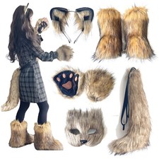 Cat Mask Wolf Fox Ears and Tail Set with Paws, Fluffy Faux Fur Boots for Wome...