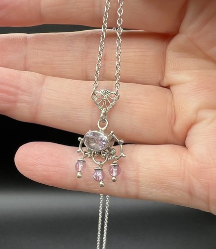 Collana antica in argento sterling, ciondolo ametista, 4 tappi in filigrana, 24" - Foto 5 di 10