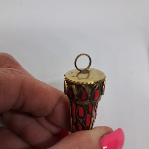 Tibetan Brass Red Coral Hand Inlayed Horn Tooth pendant 2 1/8" L x 3/4" - Picture 9 of 18