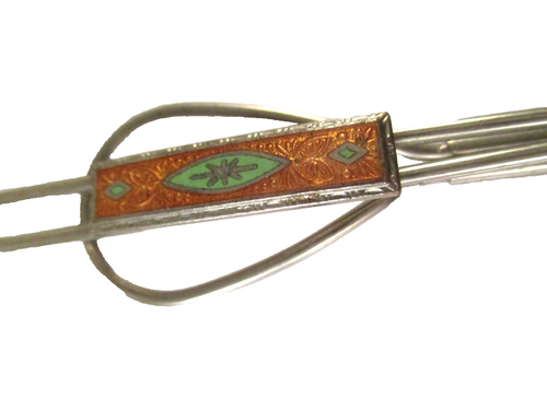 Vintage ART DECO ORANGE & GREEN GUILLOCHE ENAMEL TIE CLIP SILVER TONE - Picture 3 of 8